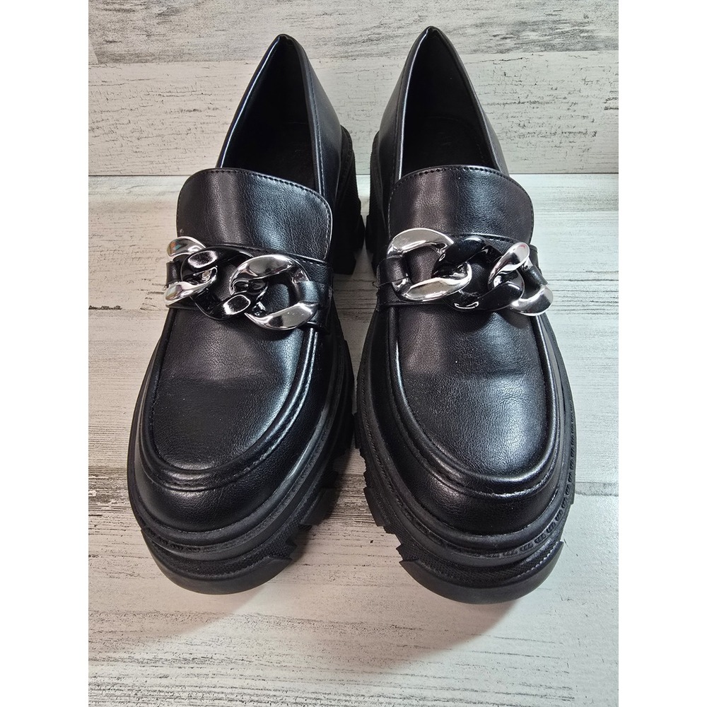 JF Drew Womens Black Chunky Platform Lug Sole Chain Loafers Size‎ 8 US